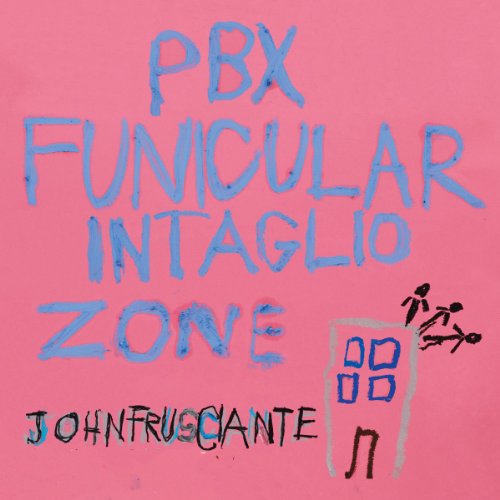 "Pink album cover with blue and black handwritten text and simple drawings."