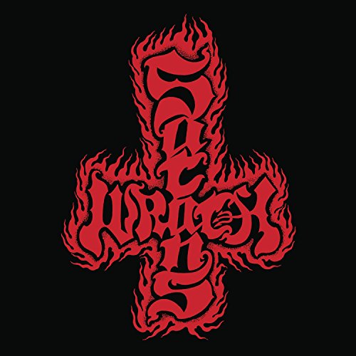 Red cross with flames and stylized text on a black background.