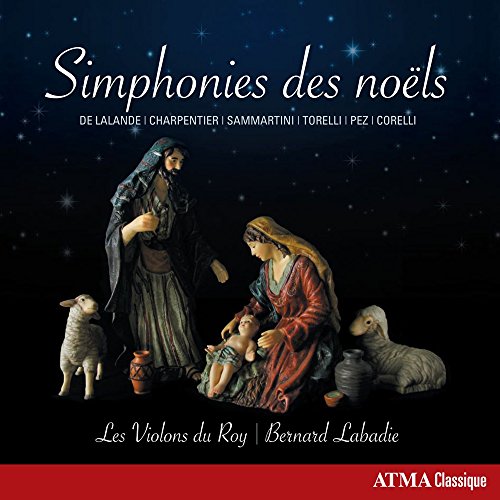 Nativity scene figurines on a black background with stars, surrounded by white text.