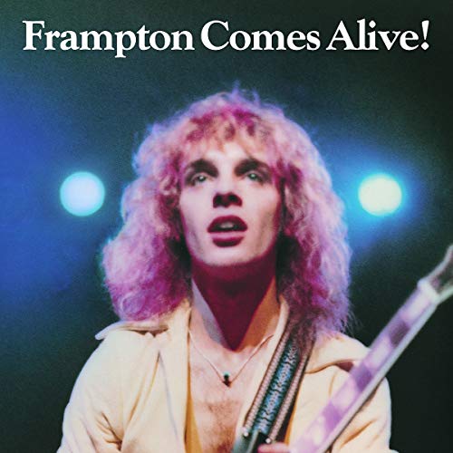 Peter Frampton with curly hair on album cover, stage lights blurred.