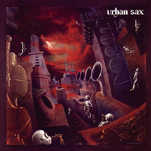 Surreal album cover depicting a cityscape built from musical instruments.