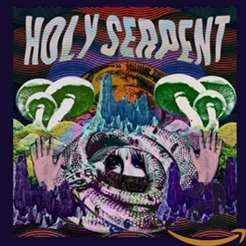 Psychedelic album cover featuring a serpent, hands, mushrooms, and mountains.