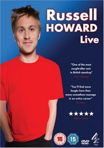 Russell Howard wearing a red t-shirt on a blue background, DVD cover art.