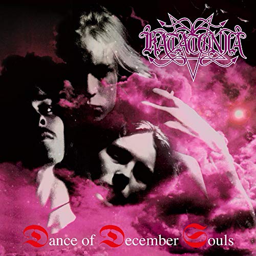 Katatonia's album cover: three men in black and white, surrounded by pink clouds.