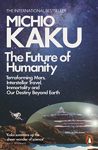 "Book cover with 'The Future of Humanity' title, futuristic scene, and author's name Michio Kaku."