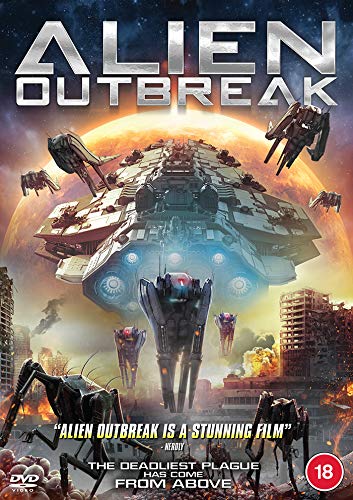 DVD cover for "Alien Outbreak" featuring spaceships and insect-like aliens attacking a city.