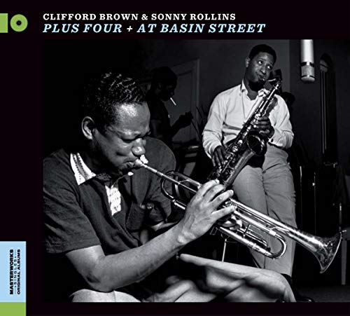 Black and white image of jazz musicians playing trumpet and saxophone on a CD cover.