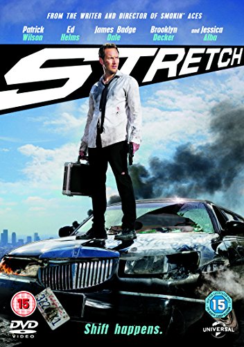 "DVD cover for 'Stretch' featuring a man standing on a damaged car amidst smoke."