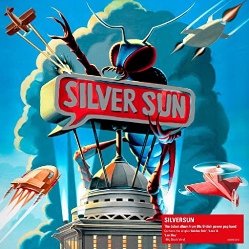 Album cover for Silver Sun featuring a giant insect and retro spaceships.