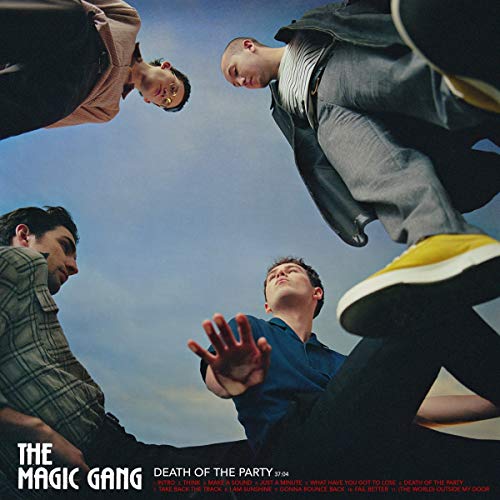 The Magic Gang album cover, "Death Of The Party", featuring four men upside down.