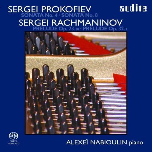 A blue album cover featuring a close-up of piano keys and composer names.
