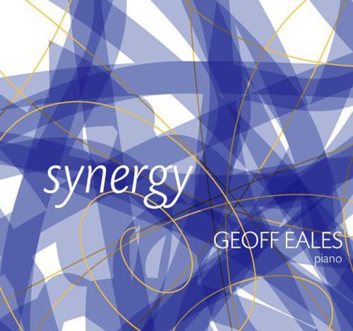 Blue and white abstract album cover with "synergy" and "Geoff Eales piano" text.
