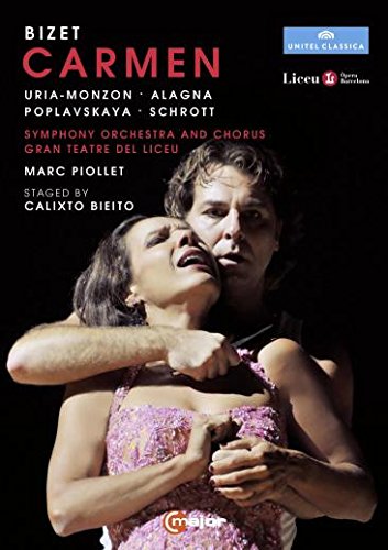 "DVD cover of Bizet's Carmen, featuring a man holding a woman in a pink dress."