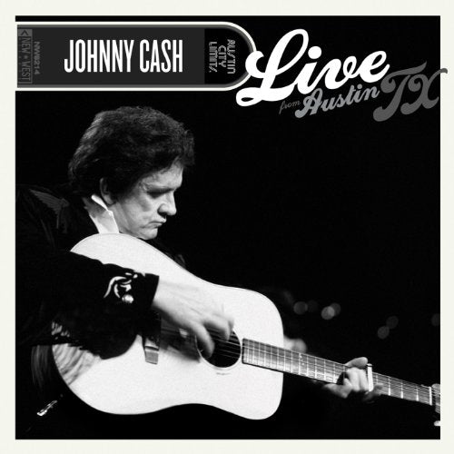 "Black and white album cover featuring Johnny Cash playing an acoustic guitar."