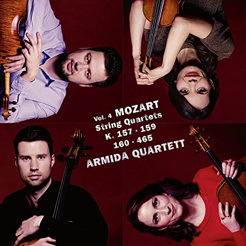 CD cover featuring four musicians with string instruments, red background.