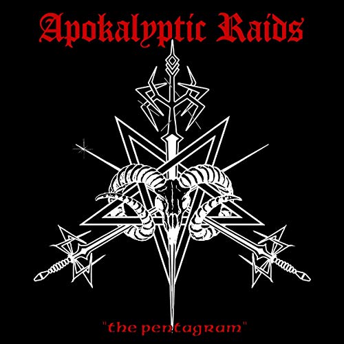 Black background with white pentagram, ram skull, swords, and band name.