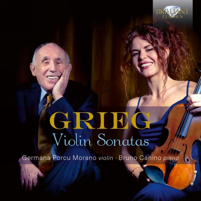 CD cover featuring two musicians and text “Grieg Violin Sonatas”.