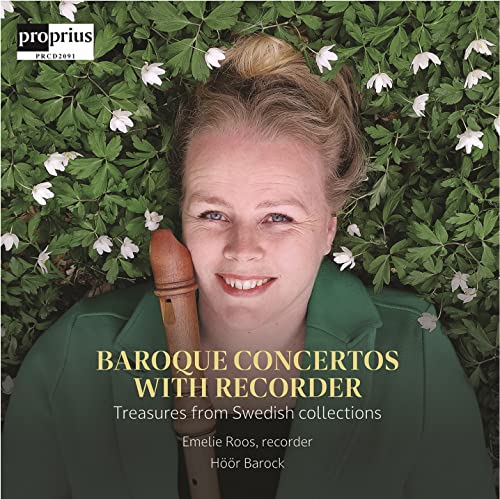 Woman with recorder, floral background, CD cover for Baroque concertos.