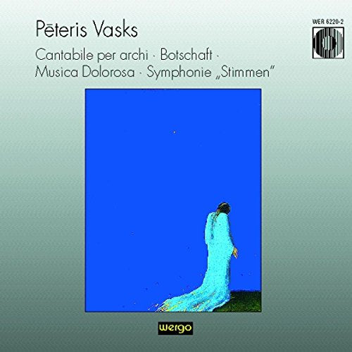 CD cover for Pēteris Vasks orchestral works, featuring a blue abstract image.
