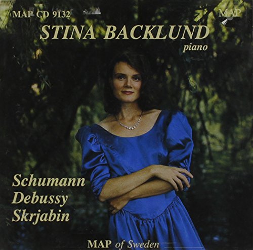 CD cover featuring pianist Stina Backlund in a blue dress, surrounded by trees.