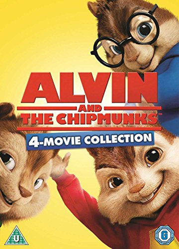"Alvin and the Chipmunks 4-movie collection DVD cover featuring three cartoon chipmunks on yellow background."