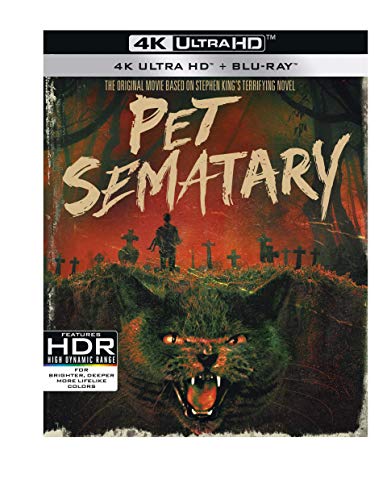 "Pet Sematary" 4K Ultra HD cover featuring a cat's menacing face and graveyard scene.