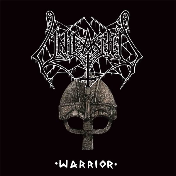 Black and white album cover featuring a Viking helmet and band logo.