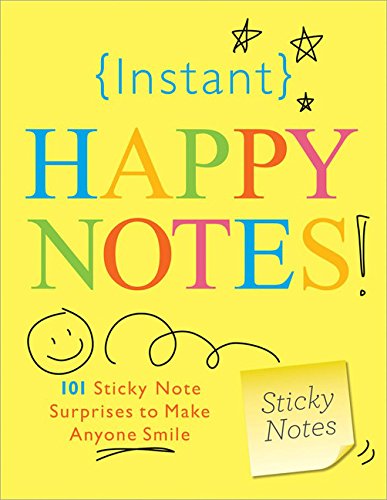"Yellow book cover with colorful title 'Instant Happy Notes' and a sticky note illustration."