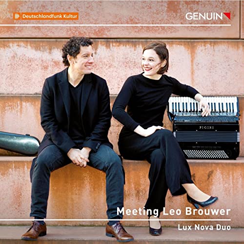 CD cover featuring a man and woman with an accordion, titled "Meeting Leo Brouwer".