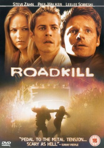 DVD cover for Roadkill featuring portraits of three actors above silhouettes running from headlights.