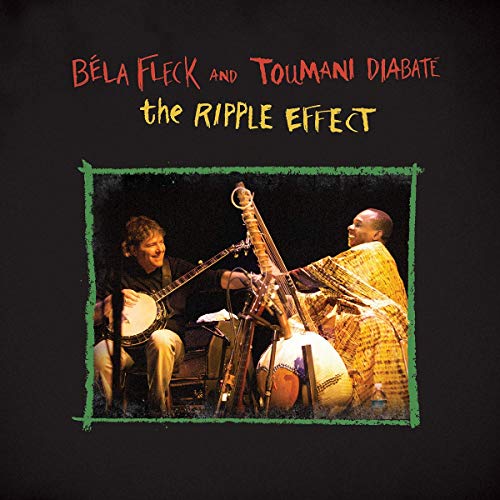 "Album cover featuring two men playing stringed instruments, black background, colorful text and border."