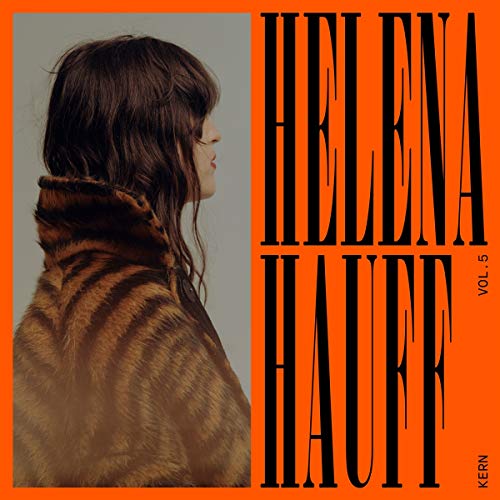 Helena Hauff album cover: woman in fur coat, bold orange and black text.