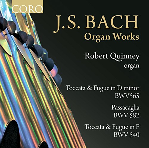 "CD cover with shiny organ pipes on left, text on black background on right."