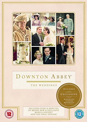 DVD cover for "Downton Abbey: The Weddings" with collage of wedding scenes and characters.