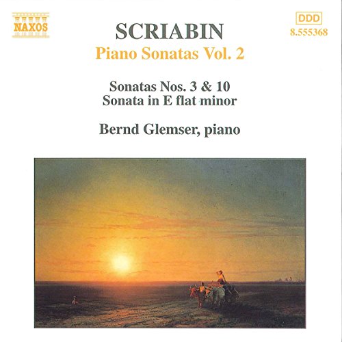 "CD cover with a serene landscape painting and text describing Scriabin piano sonatas."