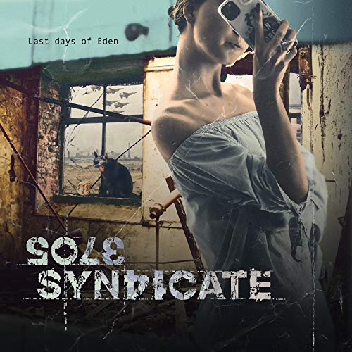 Woman with phone, cat, and decaying building; album cover art.