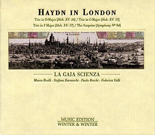 "CD cover with yellow background, illustration of London, and 'Haydn in London' title."