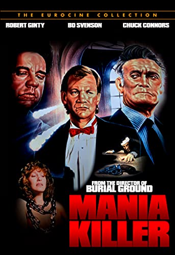 Mania Killer" DVD cover featuring four actors and a gun on a dark background.