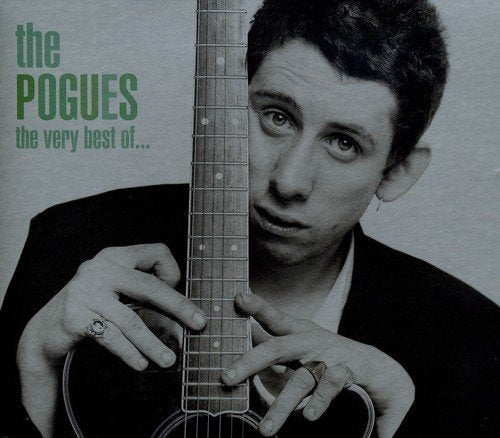 "Black and white album cover with man holding guitar and green title text."