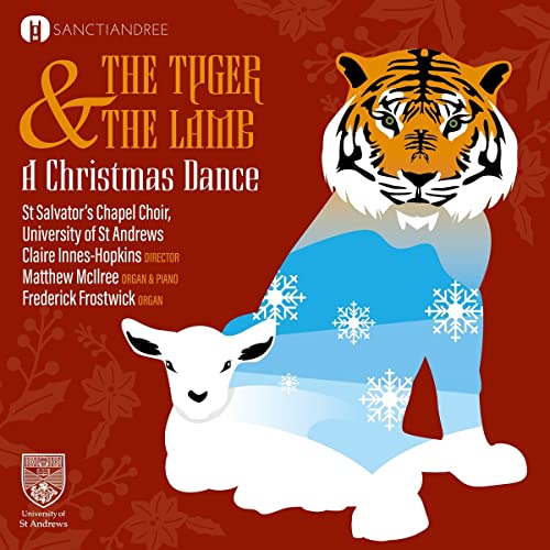 CD cover: tiger and lamb illustration with festive snowflakes, red background.