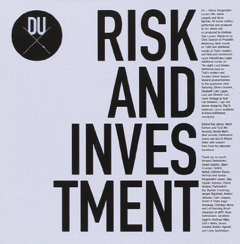 The alt text for the image is: "Grey album cover with 'RISK AND INVESTMENT' in large black text."