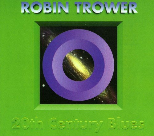 "Album cover with green background, purple circle, and galaxy image, titled '20th Century Blues'."