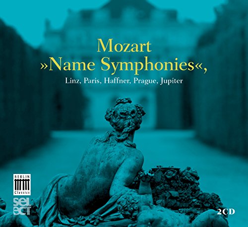 "CD cover featuring a blue-toned statue and text 'Mozart Name Symphonies'."