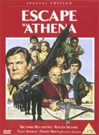 "Red DVD cover with 'Escape to Athena' title and illustration of men with guns."
