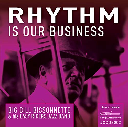 "CD cover with a man holding a trombone, purple tint, and white text."