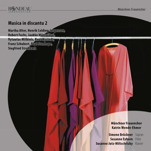 "CD cover with robes hanging on hangers against a black background, grey border."