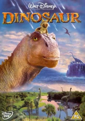 Dinosaur" DVD cover featuring a large dinosaur with a small mammal on its head.