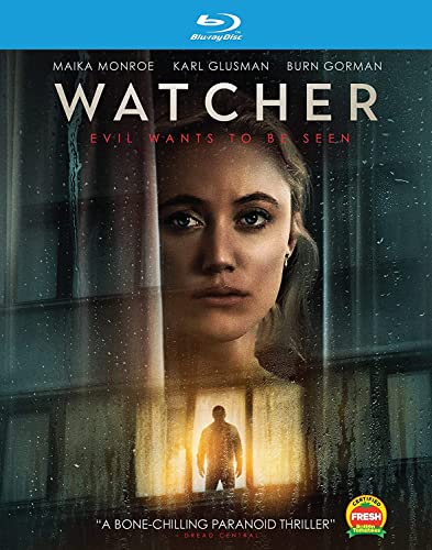 Blu-ray cover for "Watcher" featuring Maika Monroe and a shadowed figure.