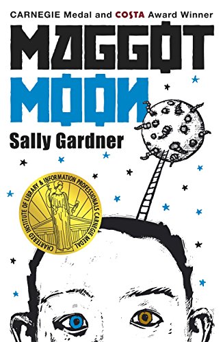 The image is a book cover. #### Alt Text: "Book cover of 'Maggot Moon' by Sally Gardner, featuring a boy's face and a ladder to the moon."