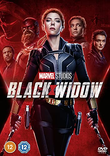Black Widow DVD cover featuring Scarlett Johansson and other characters.